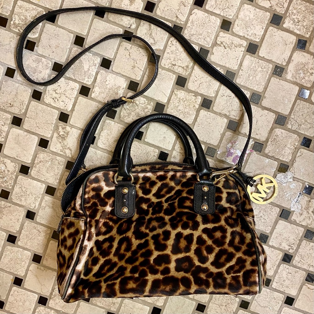 Leopard Calf Hair Purse Black and Gold Handbag Michael Kors Cheetah Animal Print